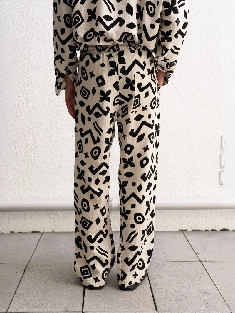 Giesto Beige Natural GIESTO Ethnic Print Relaxed Fit Wide Leg Pants for Men | Best Price UAE